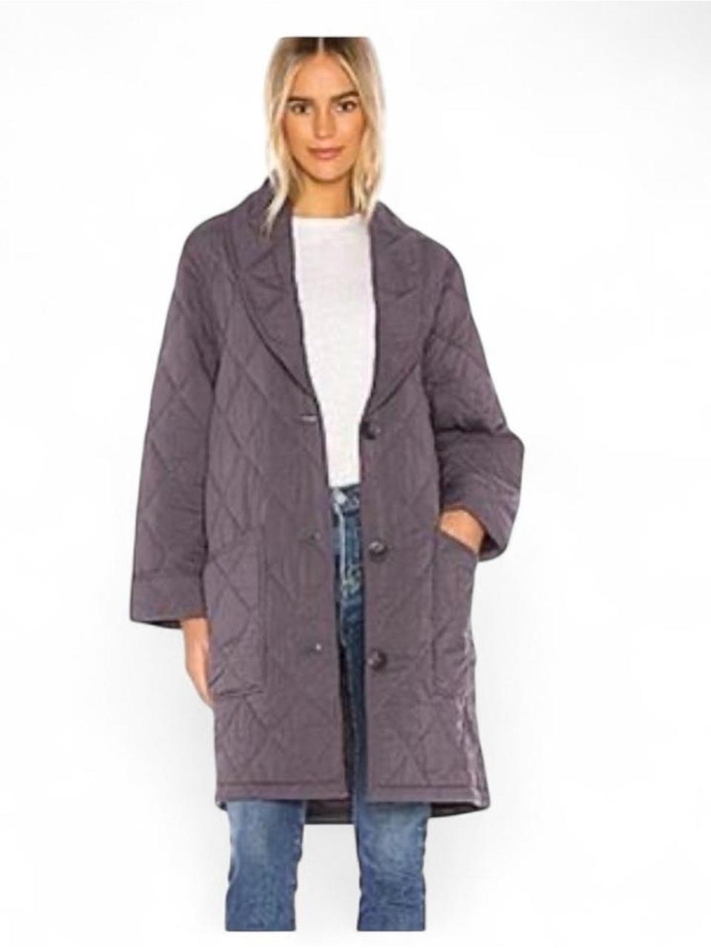 Free People Quilted Longline Coat - Dusty